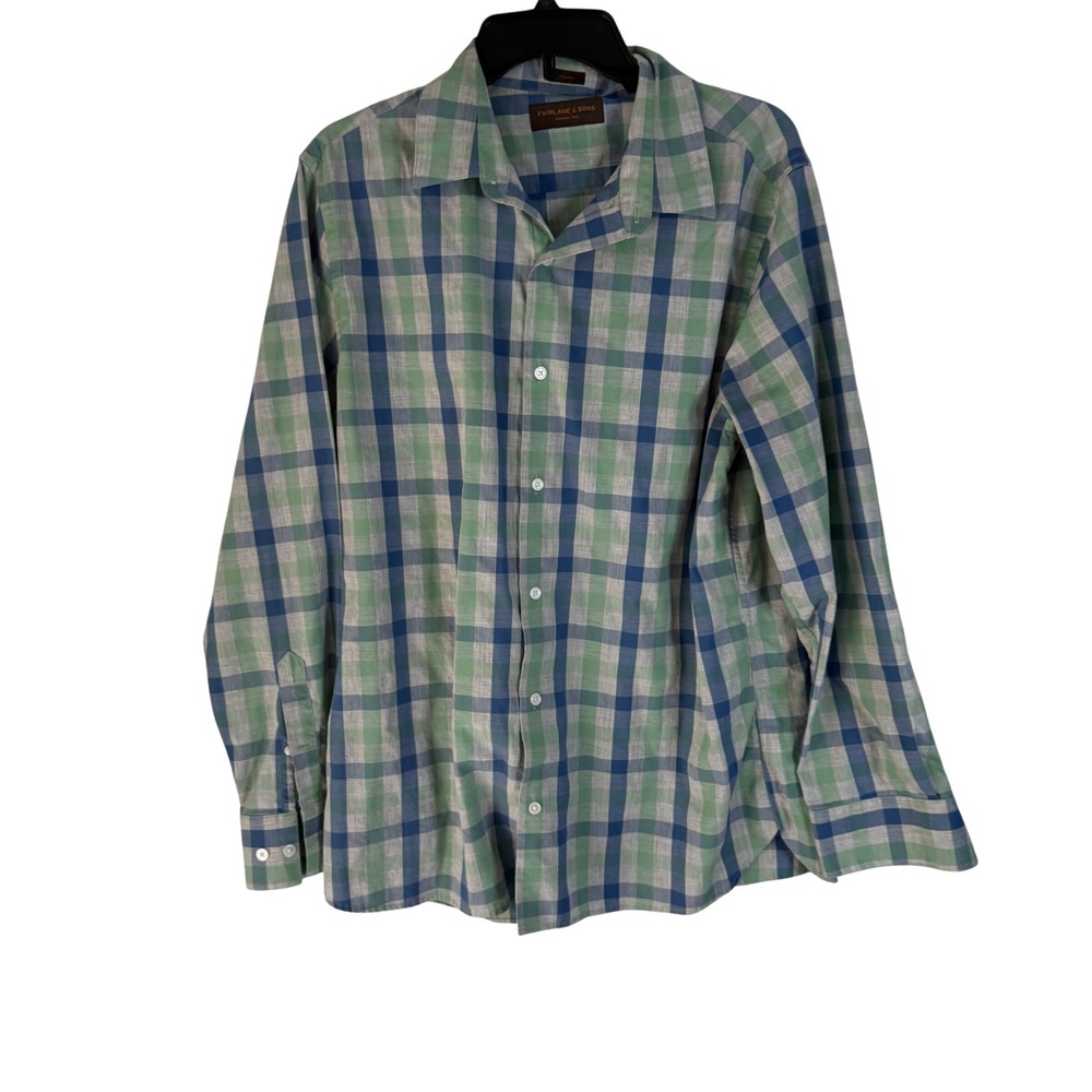 Fairlane & Sons L Green‎ Blue Plaid Wrinkle Free Long Sleeve Button Down Shirt